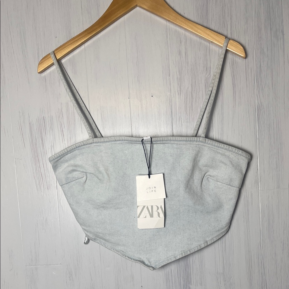 NWT Zara Light Wash Denim Bandanna Crop Top Size L